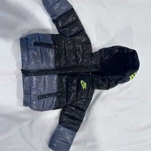 Nike Kids Black and Gray Puffer Jacket with Neon Accents